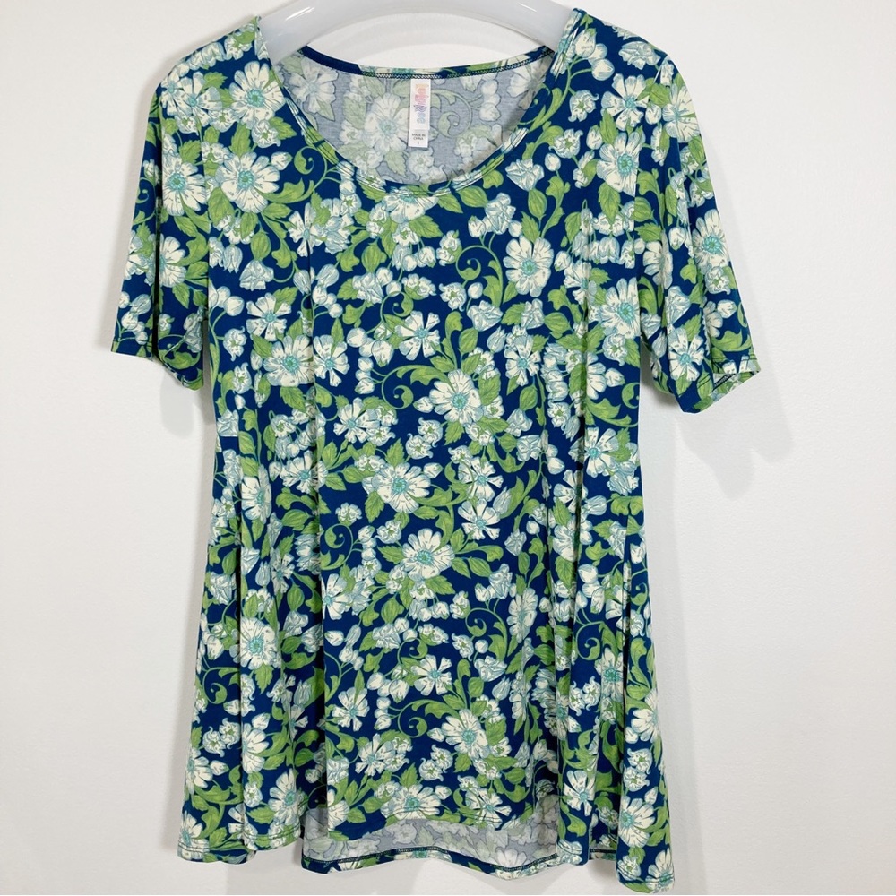 LuLaRoe Perfect T Blue Green Floral Swing Shape Top NWOT